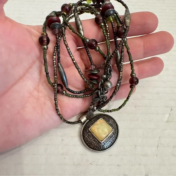 Chico's Multi Beaded String Statement Necklace Choker Green Earth tone Boho - Picture 10 of 16